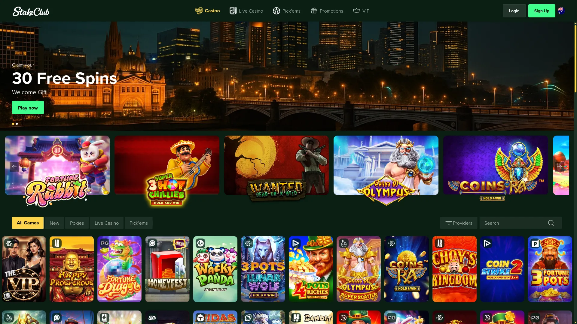 Stakeclub Casino browser platform on desktop with casino games and account features